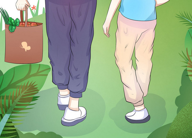 母亲孩子买菜回家插画素材