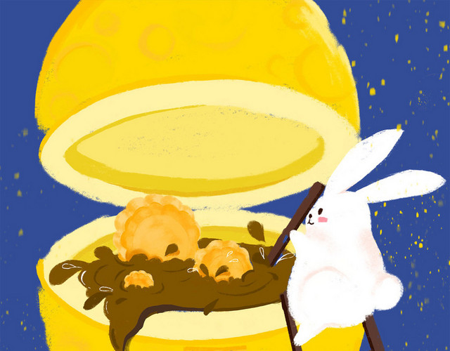 中秋玉兔登月卡通插画素材