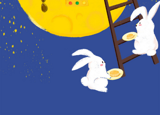 中秋玉兔登月卡通插画素材
