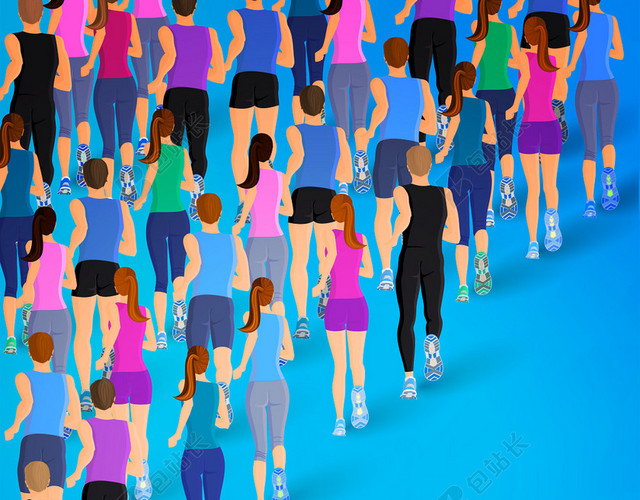 手绘多人参加马拉松宣传运动跑步蓝色背景海报