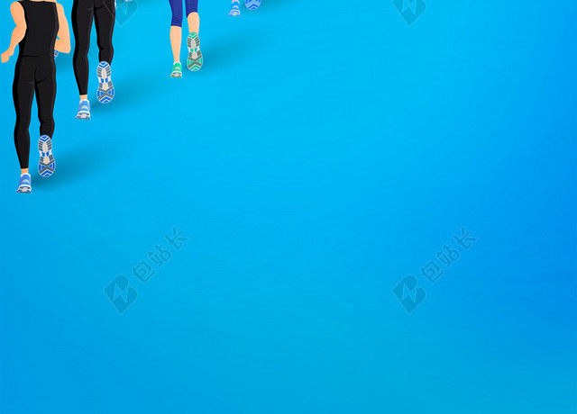 手绘多人参加马拉松宣传运动跑步蓝色背景海报