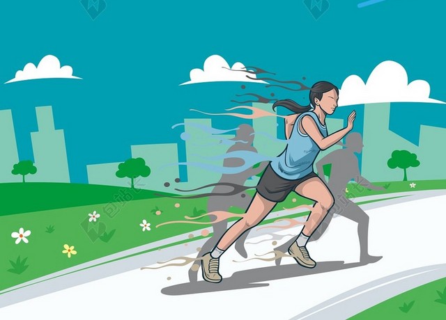 手绘女人马拉松宣传运动跑步绿色背景海报