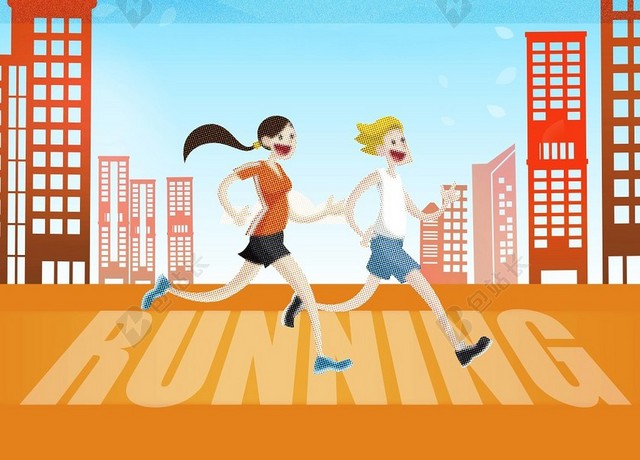 手绘可爱女孩马拉松宣传运动跑步蓝色背景海报