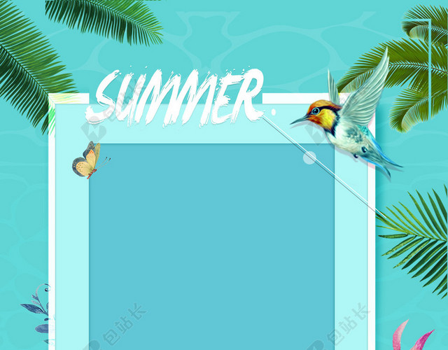 阔叶边框蝴蝶小鸟夏天蓝色海报背景