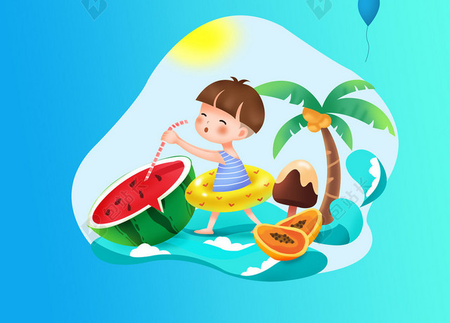 卡通儿童宝宝游泳圈大西瓜夏天蓝色海报背景