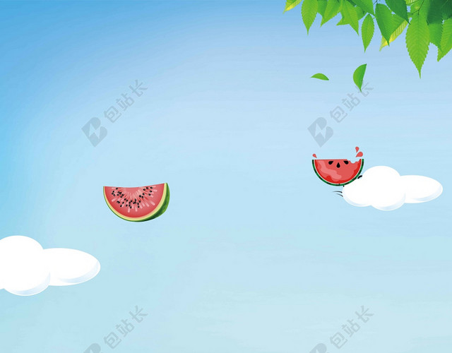蓝天白云树木动物卡通儿童简约西瓜汁果汁饮品夏天夏季海报背景