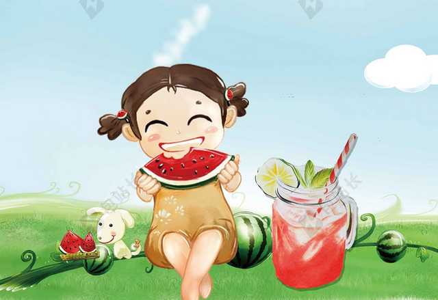 蓝天白云树木动物卡通儿童简约西瓜汁果汁饮品夏天夏季海报背景