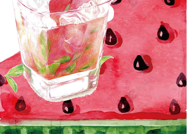 粉红手绘杯子清新西瓜汁果汁饮品夏天夏季红海报背景展板