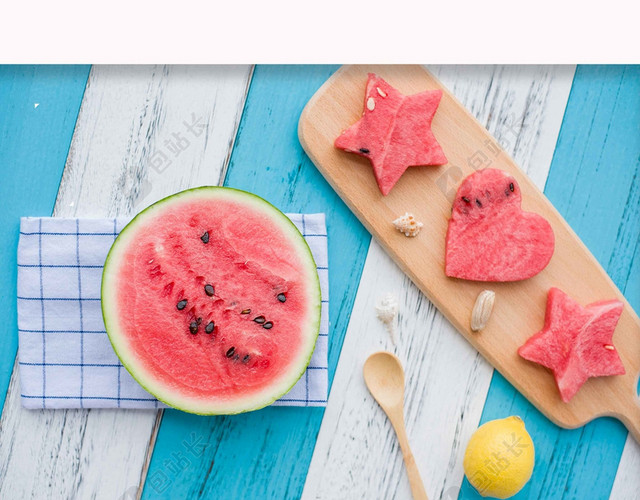 蓝白边框矩形水果简约西瓜果汁饮品夏天夏季海报背景展板