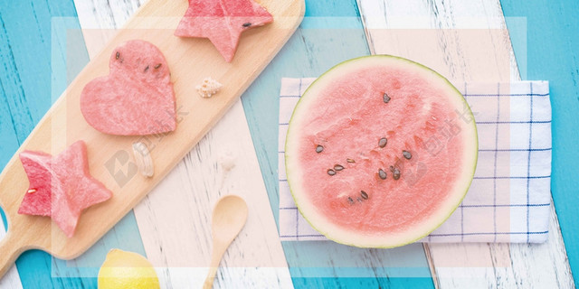 蓝色粉红水果边框西瓜果汁饮品夏天夏季海报背景展板