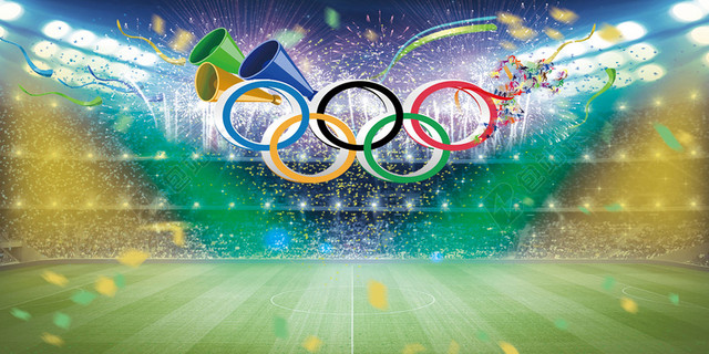 体育场五环标志喇叭国际奥林匹克纪念日6月23日绿色海报背景