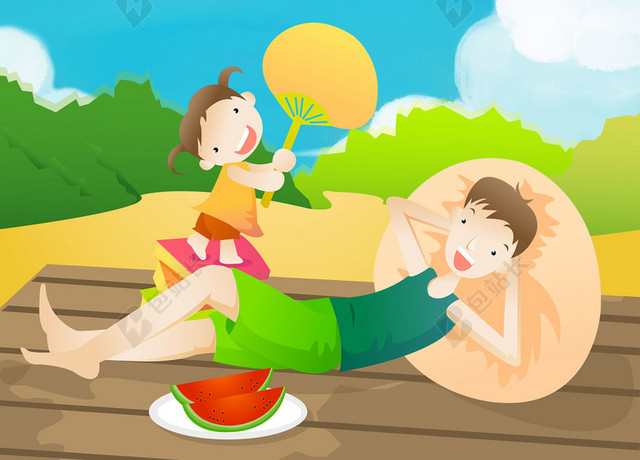 西瓜卡通儿童西瓜二十四节气夏至蓝色海报背景