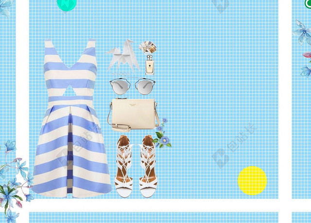 漂亮女性衣服夏天女装夏季活动促销蓝色背景白色边框海报