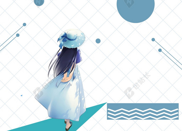 手绘可爱女孩背影夏天女装夏季活动促销白色背景海报