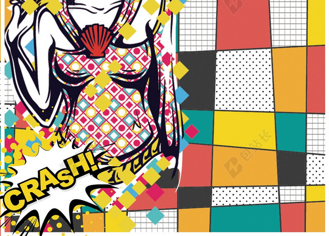 波普风手绘女人夏天女装夏季活动促销几何方块彩色背景海报