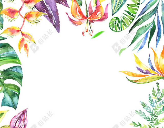 水彩花朵边框夏天女装夏季活动促销白色背景海报