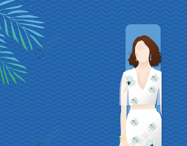 手绘卡通女人夏天女装夏季活动促销蓝色背景海报