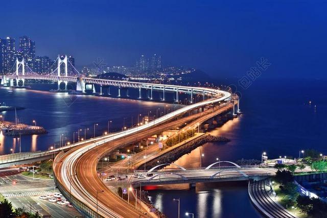 釜山夜景 广安桥 晚上 海 夜景 釜山 公路 光 钻石桥