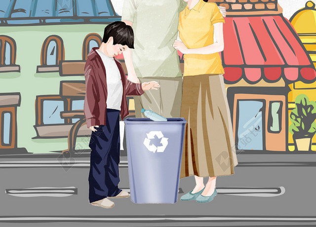 手绘卡通一家人文明城市手绘可爱文明人米色背景海报