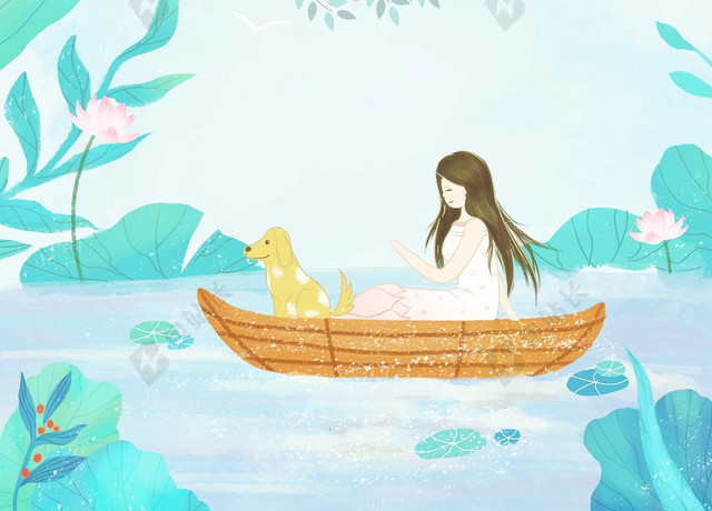 手绘卡通少女和狗夏天立夏二十四节气绿色背景海报