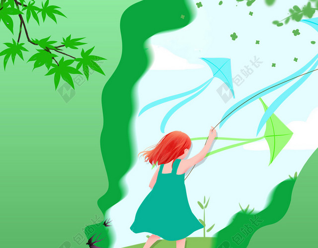 夏天手绘可爱小女孩立夏二十四节气绿色背景海报