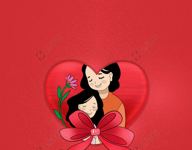 手绘母女俩感恩母亲节红色背景海报