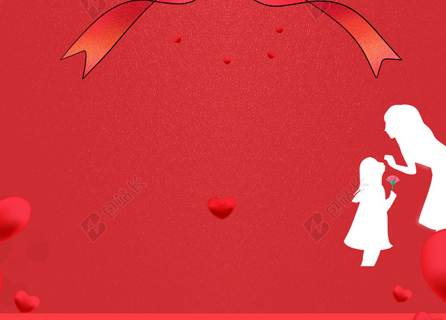 手绘母女俩感恩母亲节红色背景海报