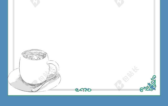 卡通小清新茶楼广告蓝色边框白色背景海报
