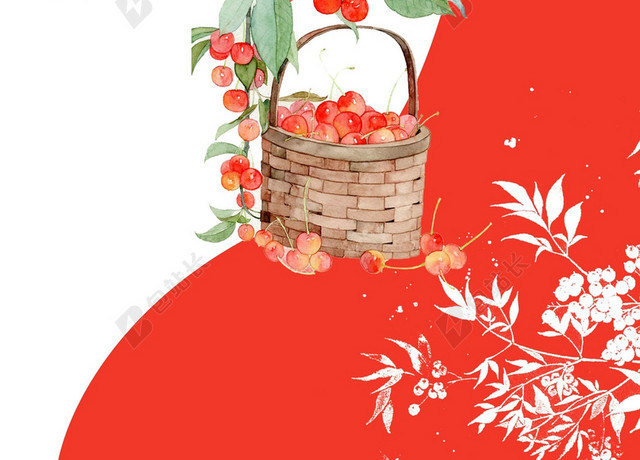 手绘红白花草绿叶矩形简约清新中国风樱桃车厘子水果宣传海报背景