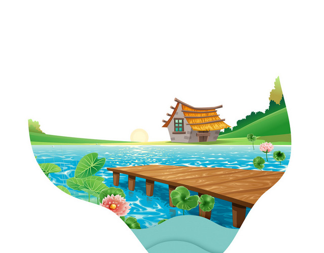 手绘卡通蓝色池塘PNG素材