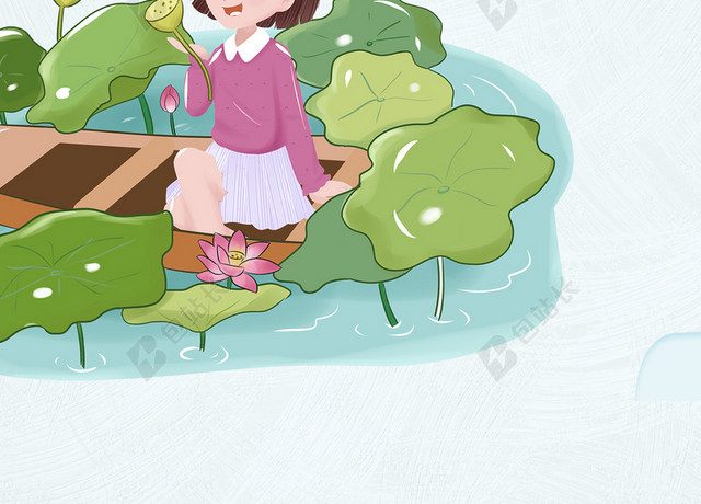 卡通手绘女孩人物荷花荷叶立夏二十四节气传统节日海报背景