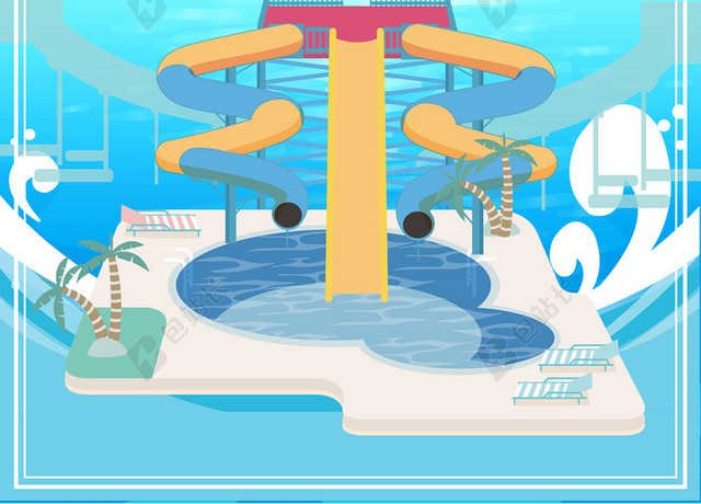 蓝色夏日清新儿童卡通水上乐园海报背景