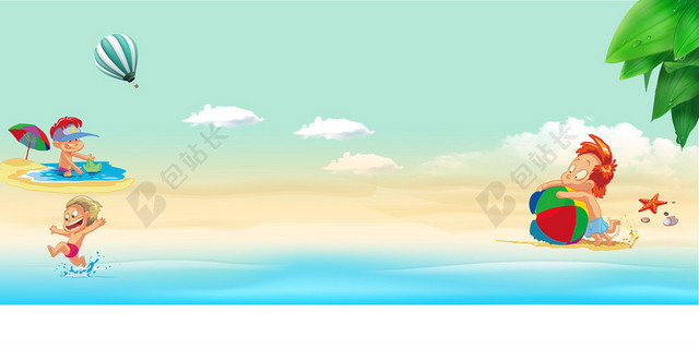 海边文艺卡通海星蓝天白云夏日BANNER海报背景