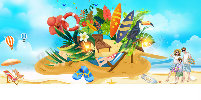 蓝色夏天夏日海边沙滩景色BANNER海报背景素材