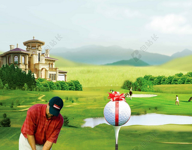 绿色人物清新简约时尚风景高尔夫休闲运动宣传海报背景