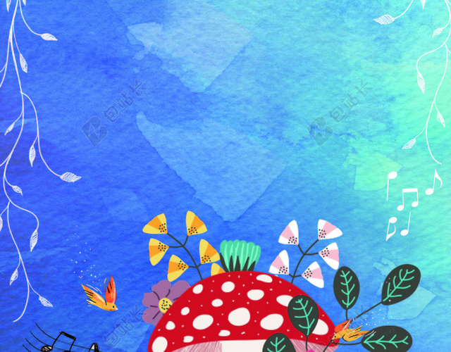蓝色简约手绘钢琴蘑菇植物音乐节海报背景