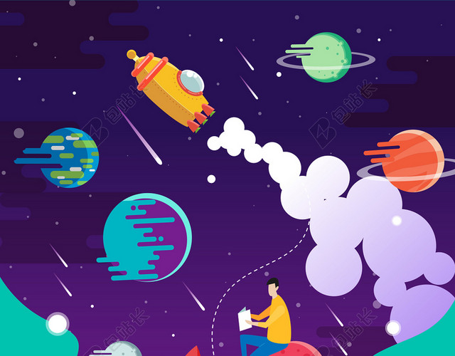 黑色星空卡通人物书籍阅读海报背景
