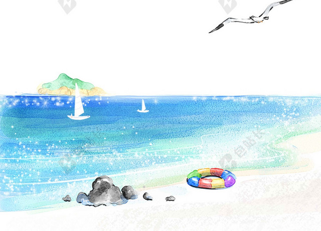 手绘蓝天白云动物清新沙滩风景漂流夏天海报背景