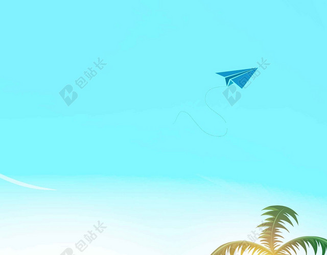 蓝天白云卡通沙滩人物树木风景暑假旅游假期海报背景