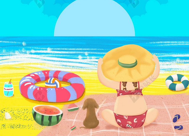 蓝色手绘卡通儿童蓝色沙滩山水风景暑假旅游假期海报背景