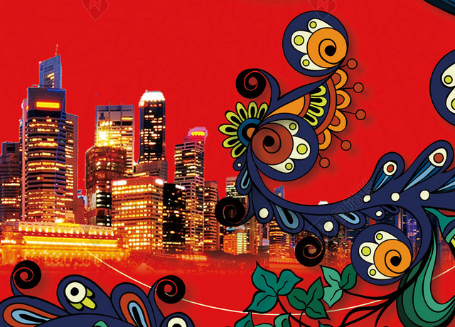 城市夜景百家灯火中国风喜庆房地产开盘宣传红色海报背景