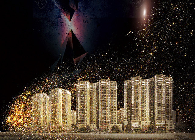 新光城市闪亮科技简约房地产开盘宣传黑金色海报背景