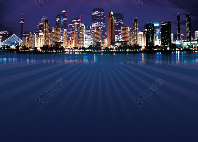 简约喜庆夜晚城市璀璨河流房地产开盘宣传蓝色海报背景