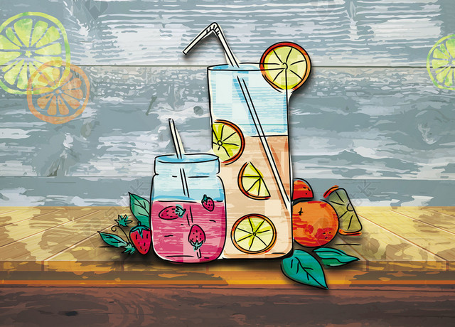 小清新手绘木纹夏天水果茶饮品促销海报背景