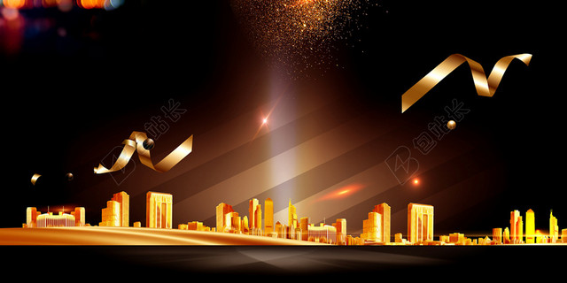 金丝带金沙纹理金色城市科技城市房地产开盘宣传黑金色海报背景