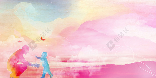 父亲节促销父亲节BANNER父亲节彩色剪影父子展板背景