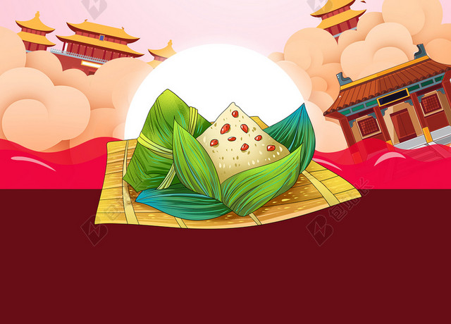 简约清新纹理红色粽子松树祥云卡通端午节节日宣传海报背景