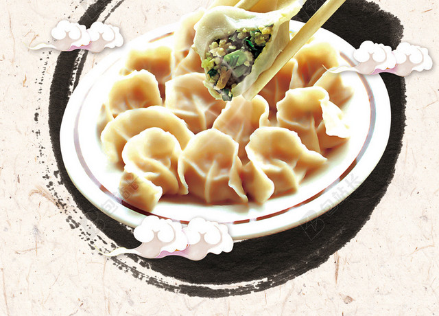 中国风水墨纹理美食小吃饺子宣传海报背景