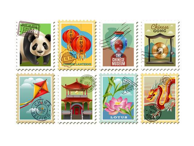 中国风矢量扁平插画旅游素材邮票设计