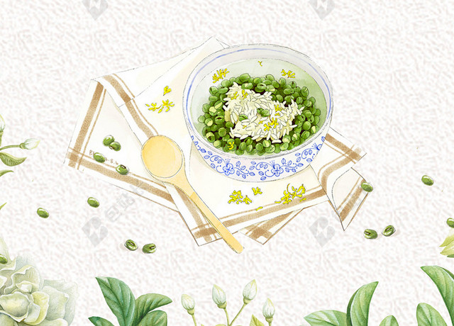 手绘风小清新绿豆元素浅色海报背景